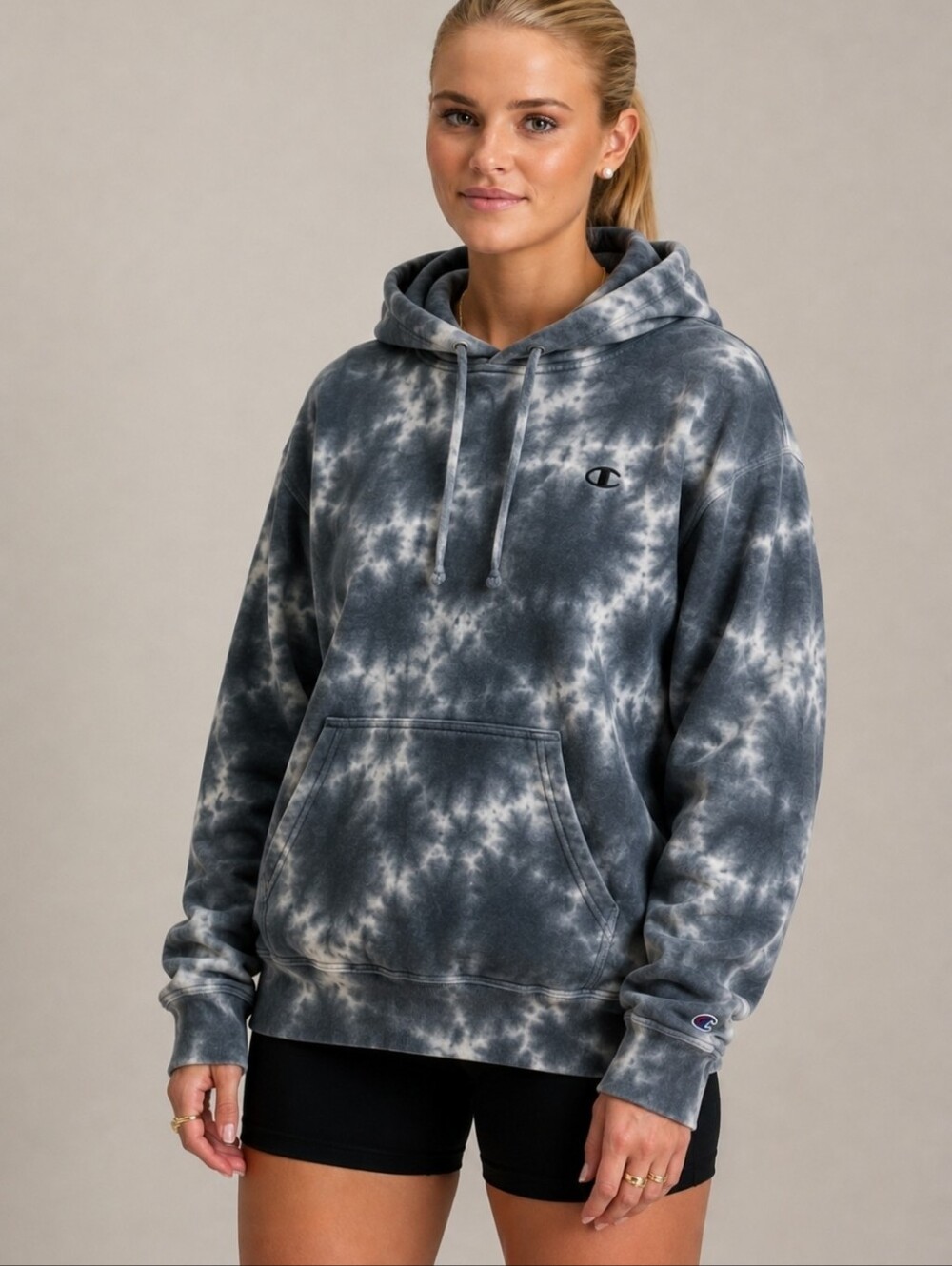 Champion Tie Dye Cloud Wash Hoodie Gray Black Unisex Size Large